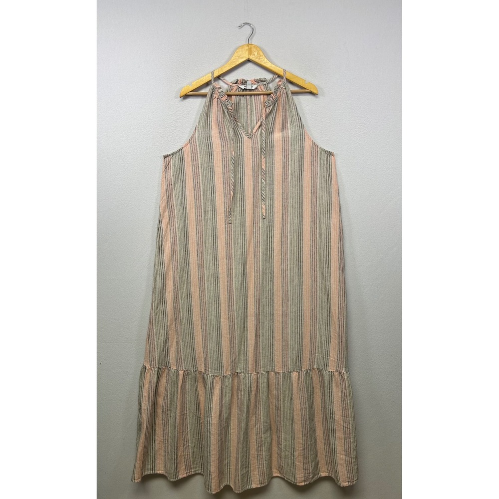 Boho Coastal Nine West Women XL Peach Grey Striped Linen Blend Halter Maxi Dress